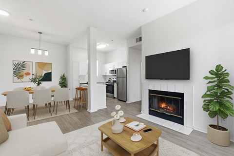 A modern living room with a fireplace and a television mounted on the wall.