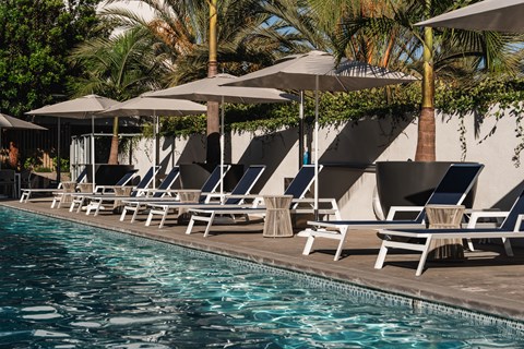 A poolside with sun loungers and umbrellas.