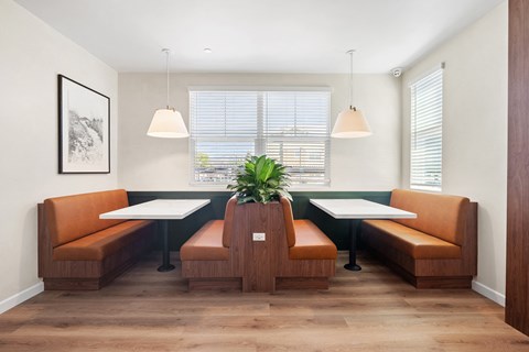 a waiting room with orange chairs and a table with a potted plant