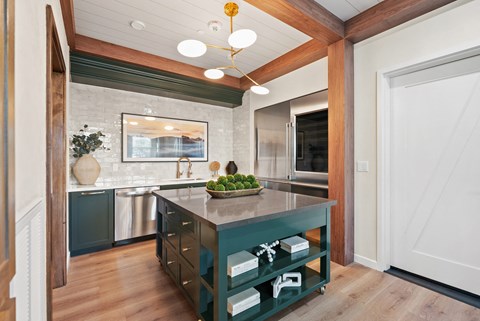 a kitchen with a large island with a green cabinet