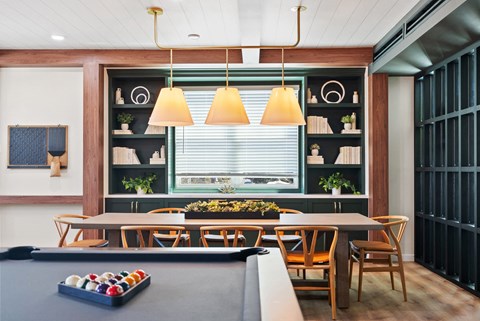a dining room with a table and a billiard table
