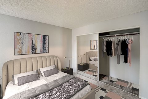 a bedroom with a bed and a closet