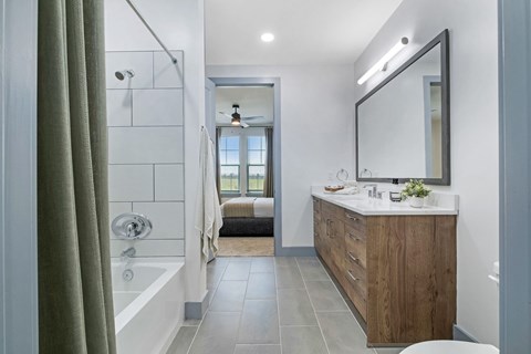 A bathroom with a large mirror, a bathtub with a shower curtain, and a counter with a plant on it.