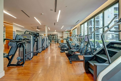 A gym with treadmills and elliptical machines.