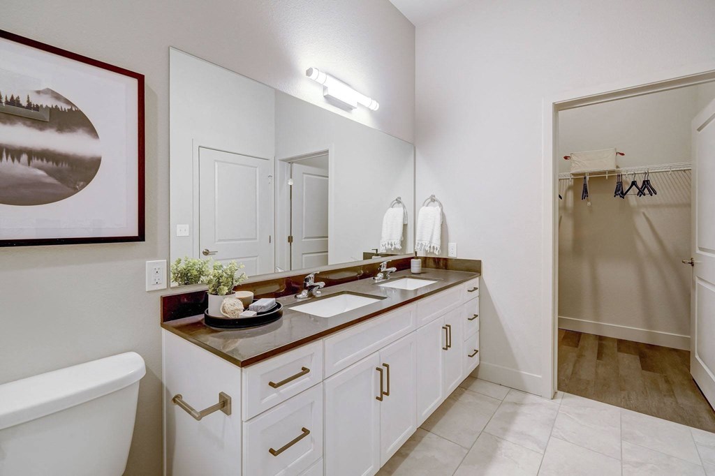 Bathroom with dual sink vanity and walk in closet