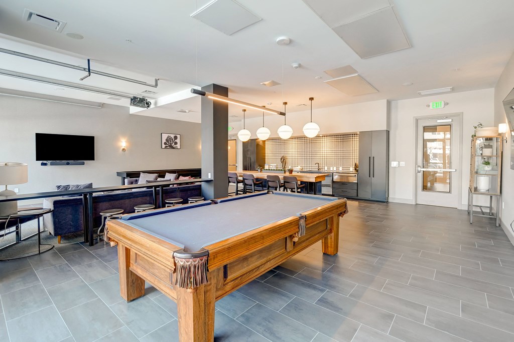 a pool table in the resident lounge with a bar and television in the background