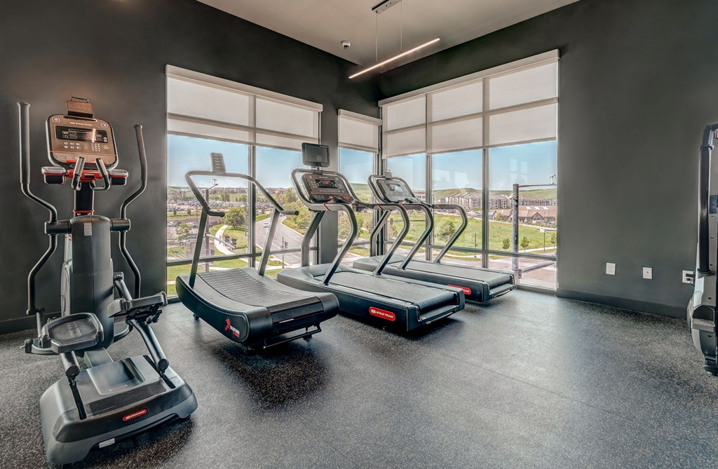 A gym with treadmills, elliptical machines, and a weight machine.