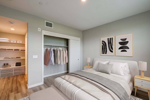 A bedroom with a large bed and a walk-in closet.
