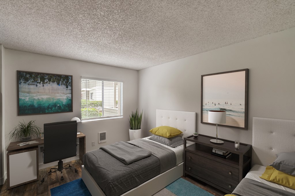 Two Bedroom Apartments in Santa Cruz CA - Cypress Point - Spacious Bedroom Furnished with Two Beds, Carpeted Floor, Nightstand, Desk, and Large Closets