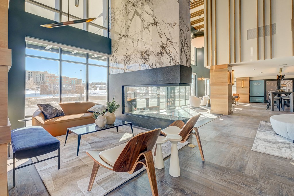 Leasing office seating and indoor fireplace  at Novus, Lone Tree, Colorado