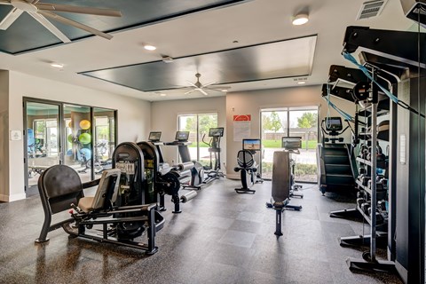 A gym with a variety of equipment including treadmills, weights, and exercise machines.