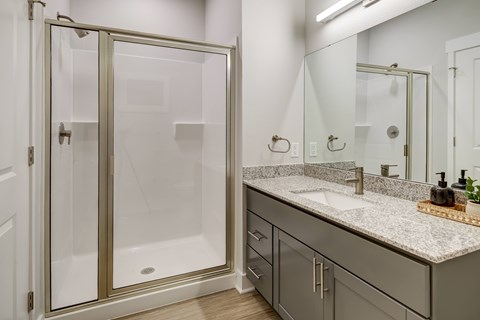 A bathroom with a walk-in shower and double sink vanity.