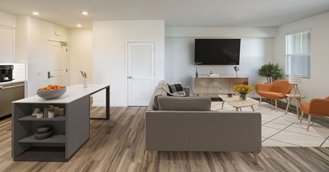 a living room with a couch and a table