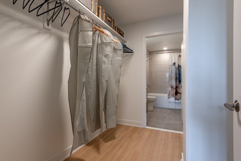 A white bathroom with a walk in closet.