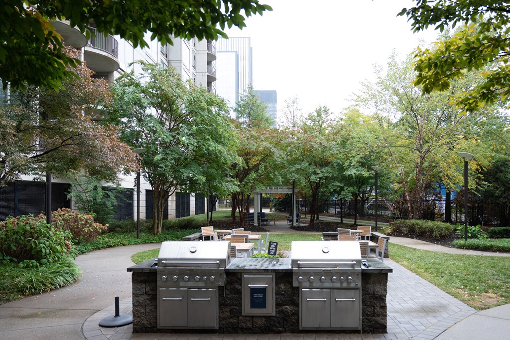 an outdoor kitchen and dining area in a park with tall buildings in the background