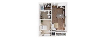 A top down view of a small apartment with a kitchen, living room, and bathroom.