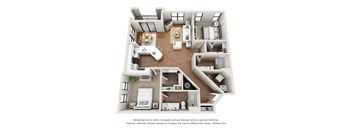A 3D floor plan of a house with a kitchen, living room, and bedrooms.