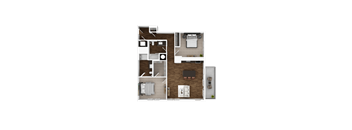 A top-down view of a house layout with a living room, kitchen, and two bedrooms.