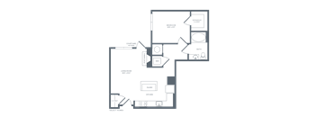 A floor plan of a house with a kitchen, living room, and bathroom.
