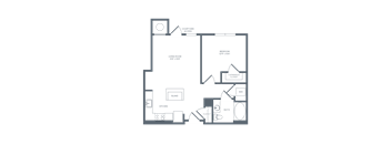 A floor plan of a house with a living room, kitchen, bathroom, and bedrooms.