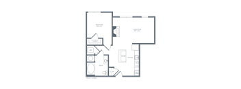 A floor plan of a house with a living room, kitchen, and bathroom.