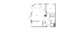A floor plan of a house with a kitchen, living room, dining room, bathroom, and closet.