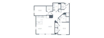 A floor plan of a house with labeled rooms and appliances.