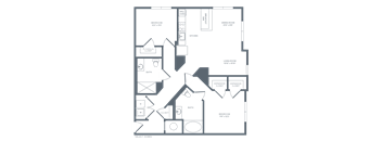 A floor plan of a house with a living room, two bedrooms, a bathroom, and a kitchen.