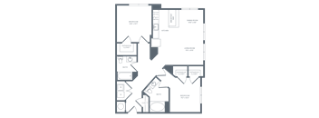 A floor plan of a house with a kitchen, living room, and two bedrooms.