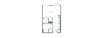 A floor plan of a house with a living room, two bedrooms, a bathroom, a kitchen, and a garage.