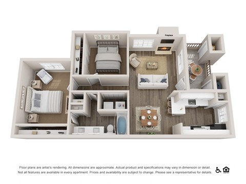 Two bedroom one bathroom 892 sq.ft. B floor plan at Deerwood, Corona, CA
