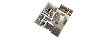 A 3D floor plan of a house showing a kitchen, living room, and one bedrooms.