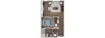 A floor plan of a small apartment with a kitchen, living room, dining area, bedroom, bathroom, and a work desk.
