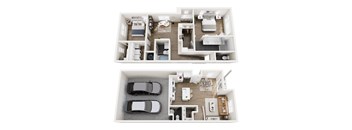 A top-down view of a house layout with two bedrooms, two bathrooms, a living room, a kitchen, and a garage with two cars.