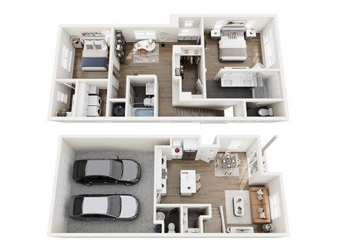 A top-down view of a house layout with two bedrooms, two bathrooms, a living room, a kitchen, and a garage with two cars.