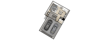a 3d floor plan of a house with a garage and two cars