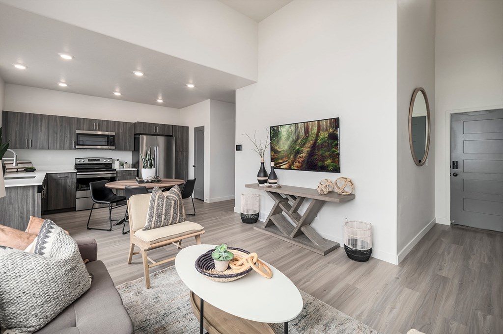 a living room with a couch and a table