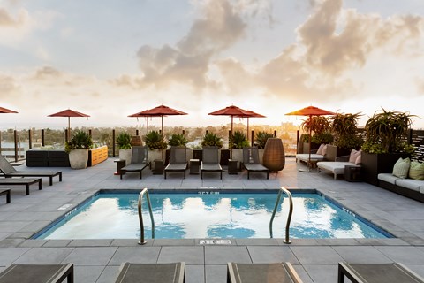 A pool surrounded by chairs and umbrellas.