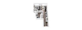 A top down view of a modern apartment with a kitchen, living room, and bedroom.
