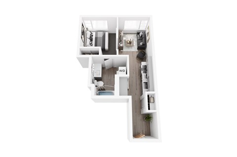 A top down view of a modern apartment with a kitchen, living room, and bedroom.