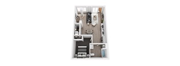 A top down view of a small apartment with a kitchen, living room, and bathroom.