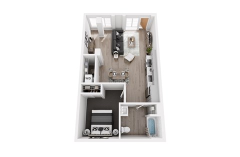 A top down view of a small apartment with a kitchen, living room, and bathroom.
