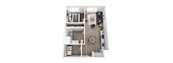 A top-down view of a modern apartment with a kitchen, living room, and bathroom.