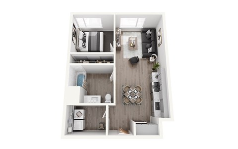 A top-down view of a modern apartment with a kitchen, living room, and bathroom.