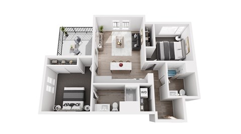 A top-down view of a modern apartment layout.