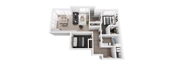 A white floor plan of a house with a living room, kitchen, and two bedrooms.