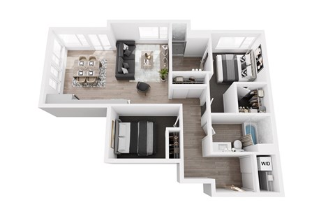 A white floor plan of a house with a living room, kitchen, and two bedrooms.