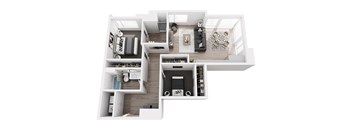 A 3D floor plan of a house showing a living room, kitchen, and two bedrooms.