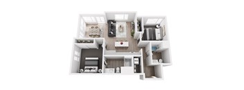 A top-down view of a small apartment with a living room, kitchen, and bedroom.