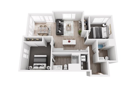 A top-down view of a small apartment with a living room, kitchen, and bedroom.